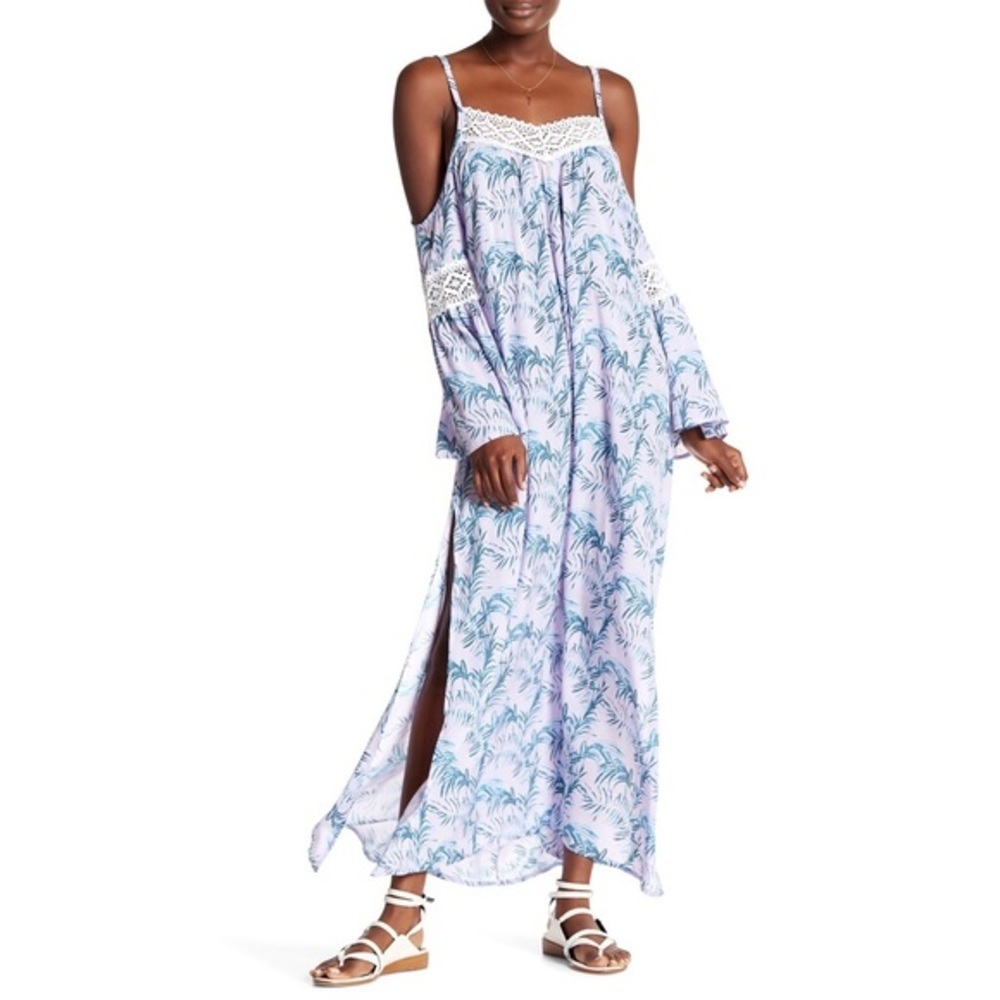 NWOT palm print maxi off the shoulder dress